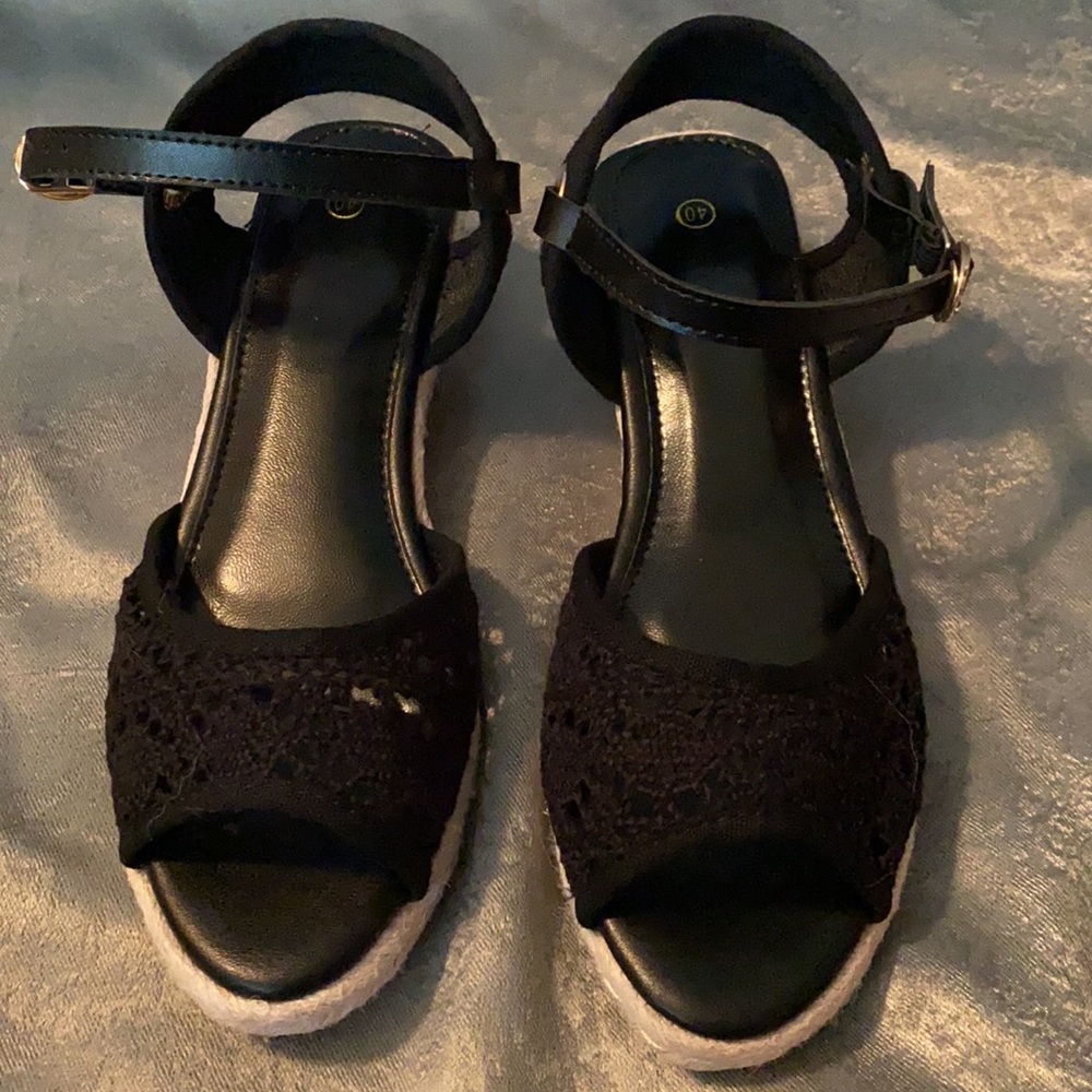 Black Crochet Espadrille Wedge Sandals
